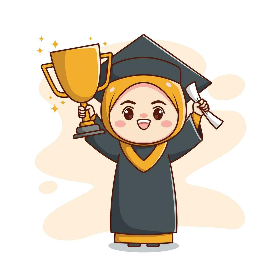 content l'obtention du diplôme musulman hijab fille en portant trophée et papier mignonne kawaii chibi dessin animé vecteur