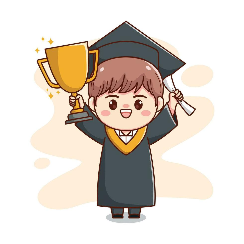 content l'obtention du diplôme garçon en portant trophée et papier mignonne kawaii chibi dessin animé vecteur