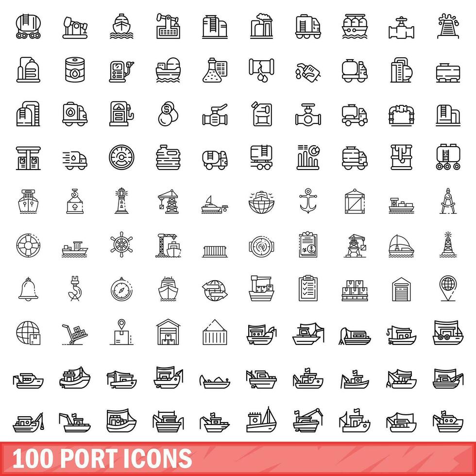 100 Port Icônes ensemble, contour style vecteur