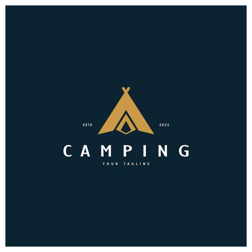 ancien et rétro tente logo, camping. avec tente, arbre et feu signe. aventuriers, éclaireurs, grimpeurs, camping équipement centre vecteur