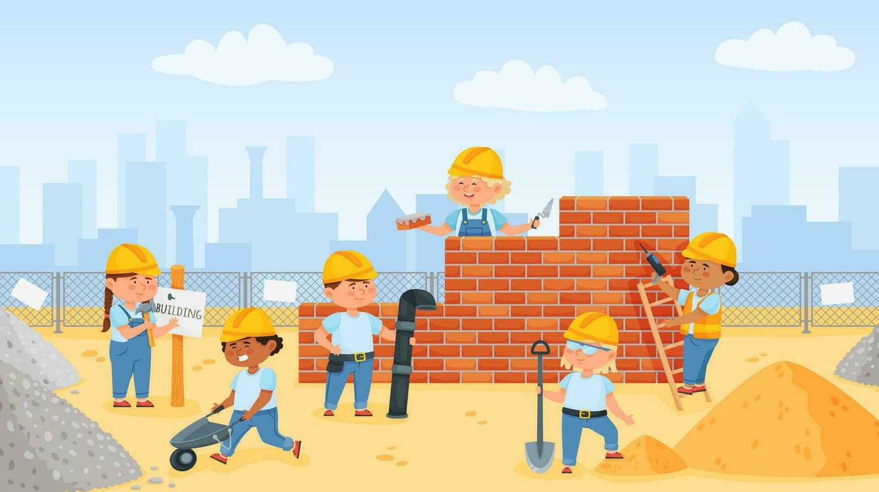 des gamins bâtiment maison ensemble, peu constructeurs avec construction outils. dessin animé les enfants pose briques, pousser brouette vecteur illustration