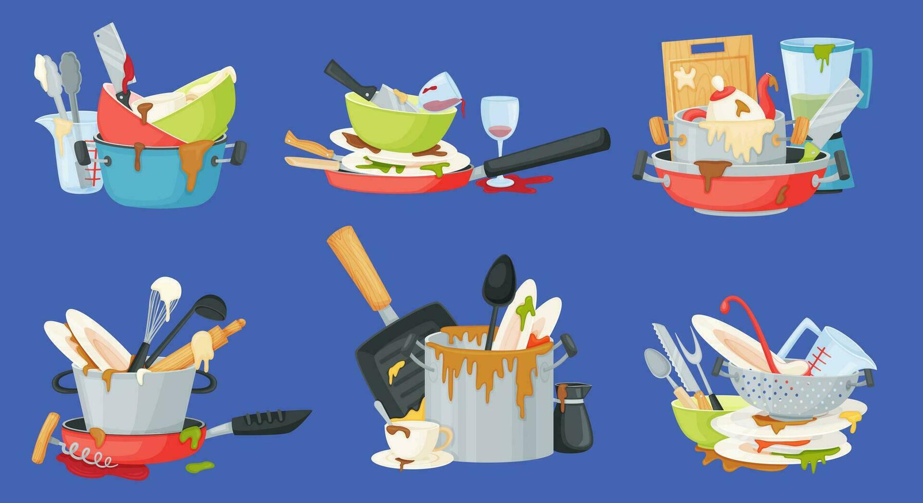 dessin animé piles de sale plats, assiettes et tasses avec nourriture taches. coloré vaisselle, désordonné des pots et des casseroles, non lavé cuisine ustensiles vecteur ensemble