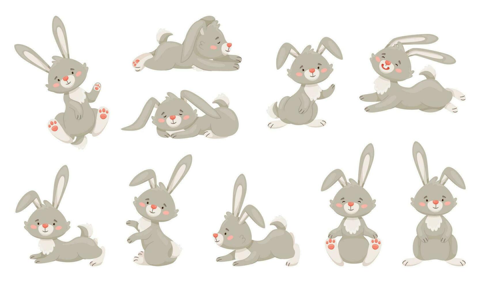 dessin animé lapins, mignonne bébé lapin, gris duveteux lièvre. Pâques lapins dans différent pose, adorable lapin, faune ou ferme animaux vecteur ensemble