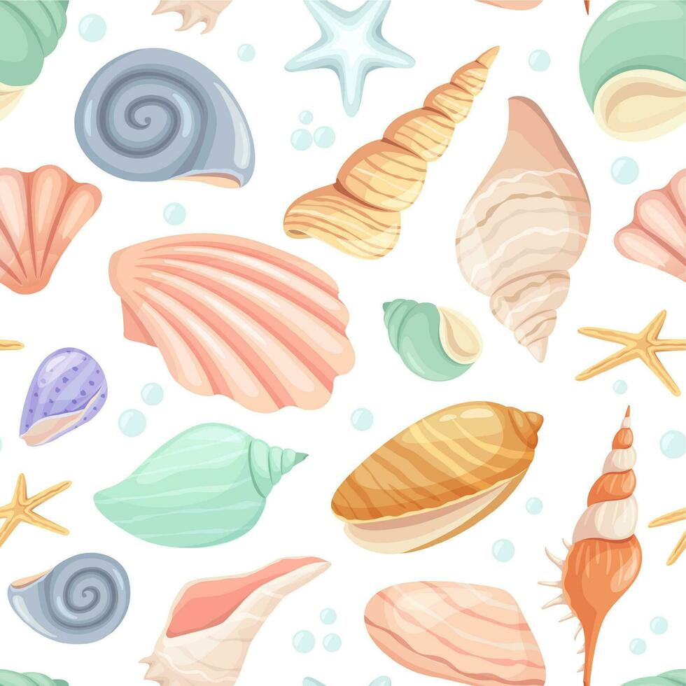 dessin animé coquillage et étoile de mer sans couture modèle, tropical océan. palourde, huître coquilles, Marin mollusque, été plage coquillages vecteur texture