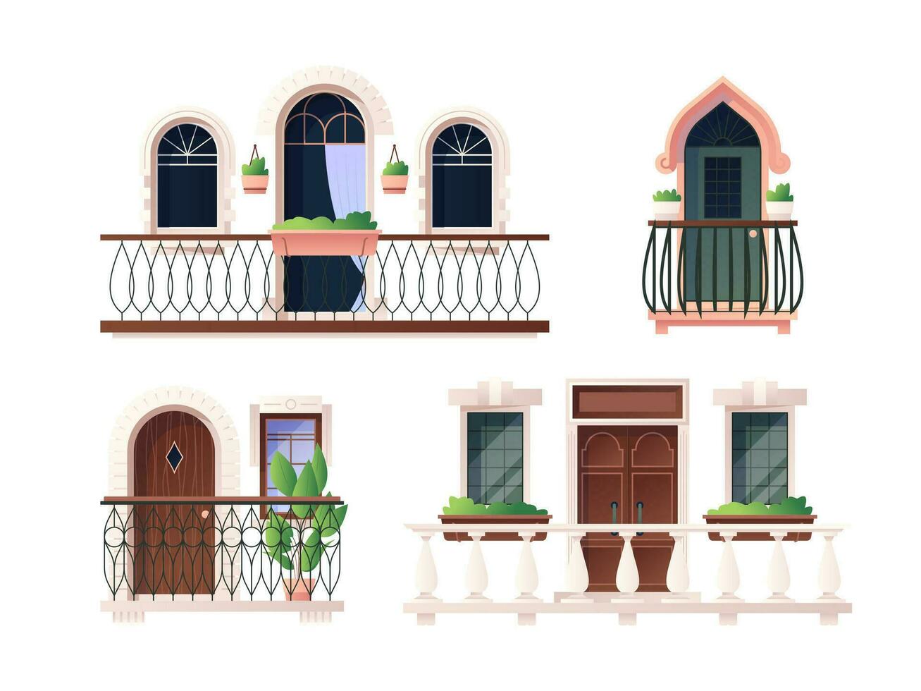 ancien balcon avec les plantes. architectural extérieur éléments avec antique des portes les fenêtres et balustrade, bâtiment façade décoration. vecteur illustration