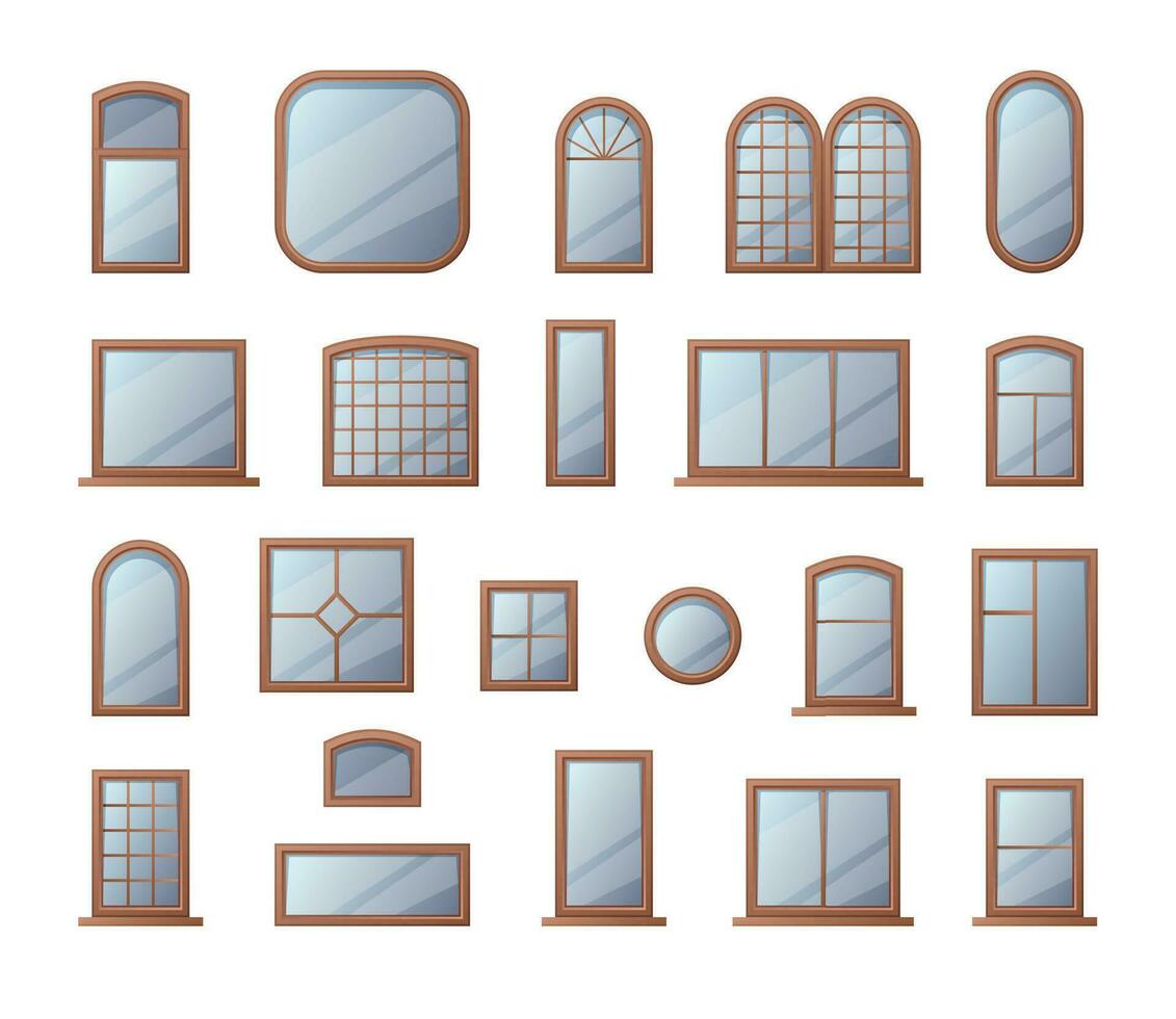 fenêtre cadres. dessin animé en bois Accueil et Bureau rond et carré moderne fenêtre collection avec transparent verre. vecteur isolé ensemble