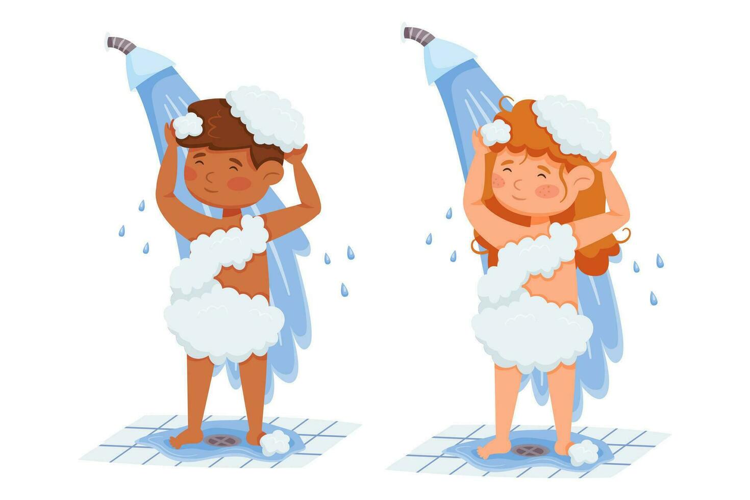 des gamins ayant douche. fille et garçon la lessive cheveux et corps permanent en dessous de l'eau. dessin animé femelle et Masculin personnages dans savon vecteur