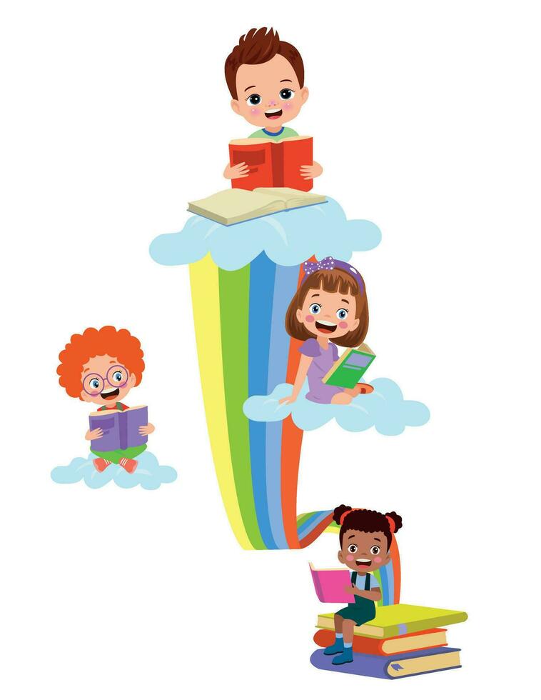 les enfants en train de lire livres sur le Haut de le nuage. vecteur illustration.