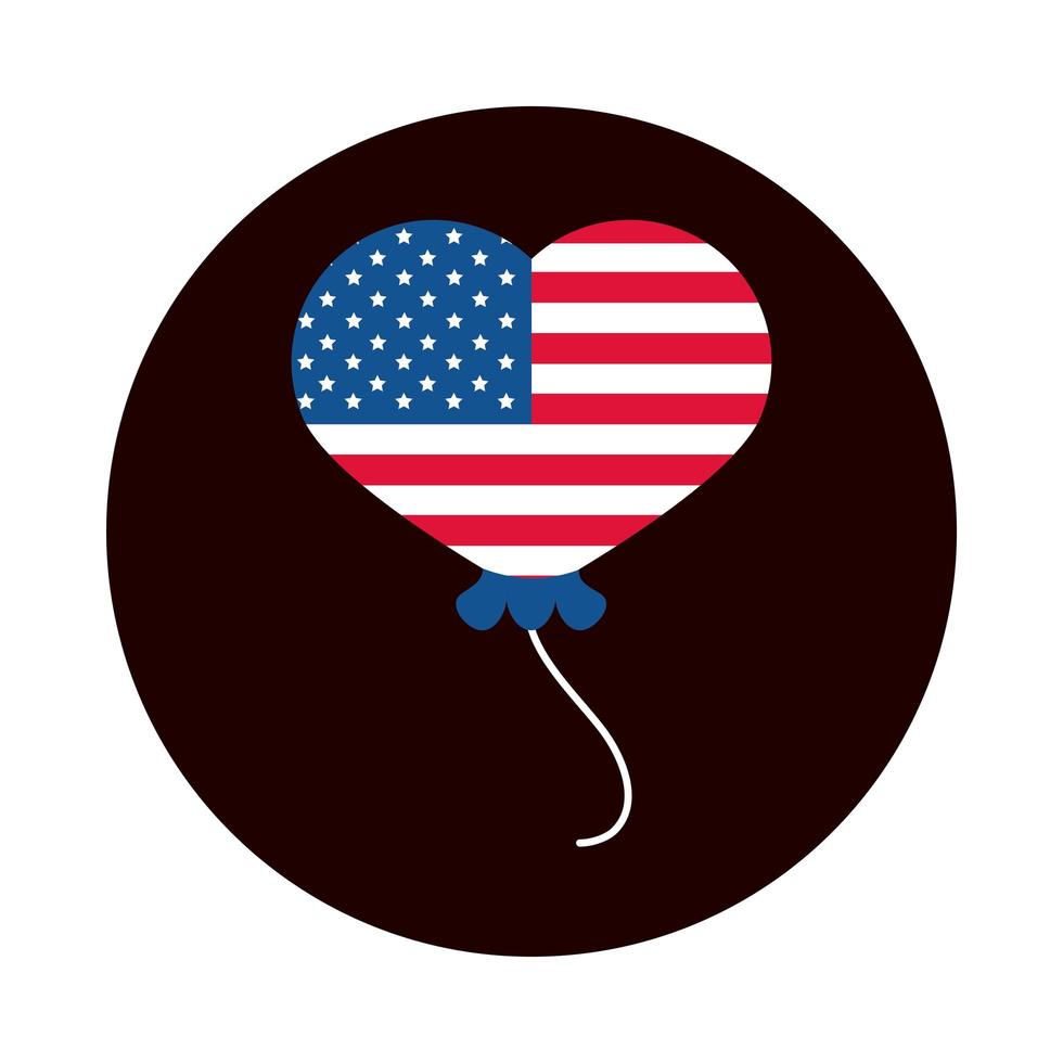 Drapeau américain de la fête de l'indépendance du 4 juillet dans le bloc de décoration de ballon coeur et icône de style plat vecteur