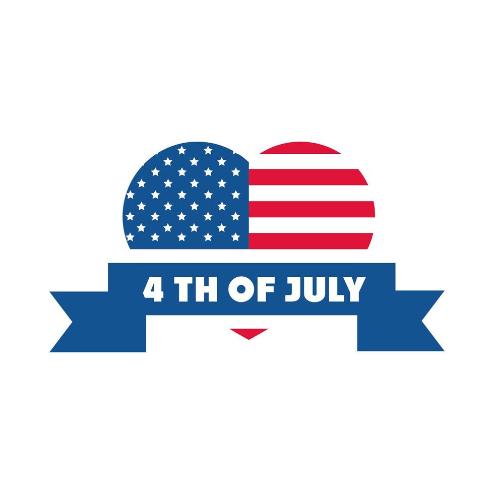 4 juillet fête de l'indépendance drapeau américain en forme de coeur ruban design icône de style plat vecteur