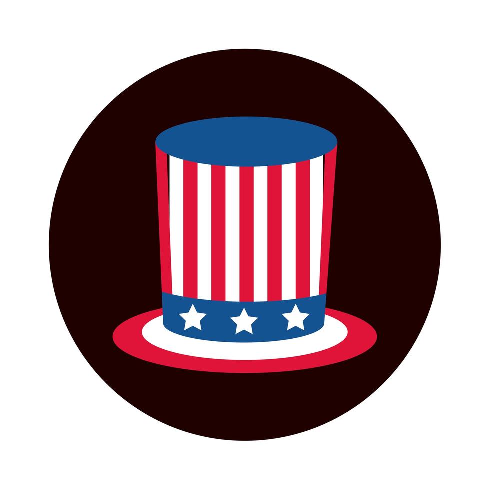 4 juillet fête de l'indépendance chapeau haut de forme avec bloc de drapeau américain et icône de style plat vecteur