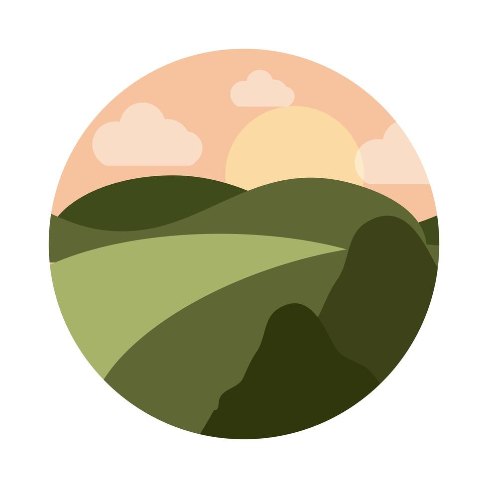 paysage nature collines panoramique prairie soleil nuages icône de style plat vecteur