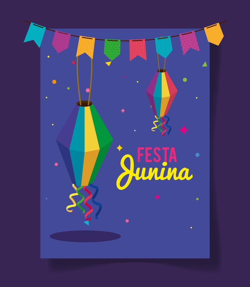 affiche festa junina avec lanternes et guirlande suspendue vecteur