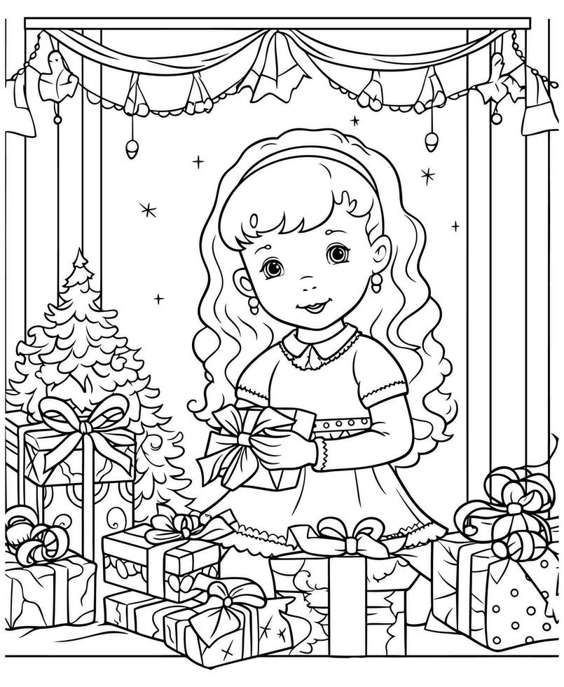 Noël les filles avec cadeaux coloration page vecteur