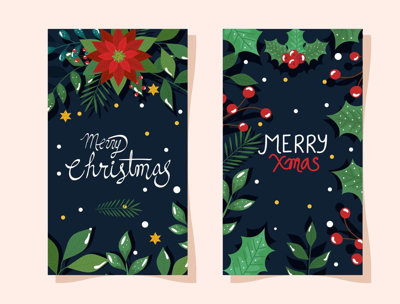 ensemble d'affiches de joyeux noël avec des fleurs et des feuilles vecteur