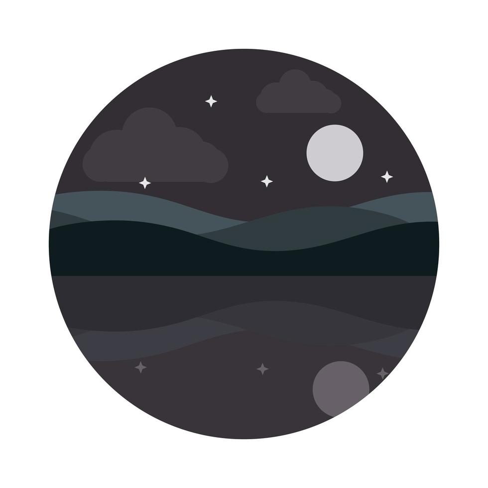 paysage nature lune étoiles collines réflexion eau icône de style plat vecteur