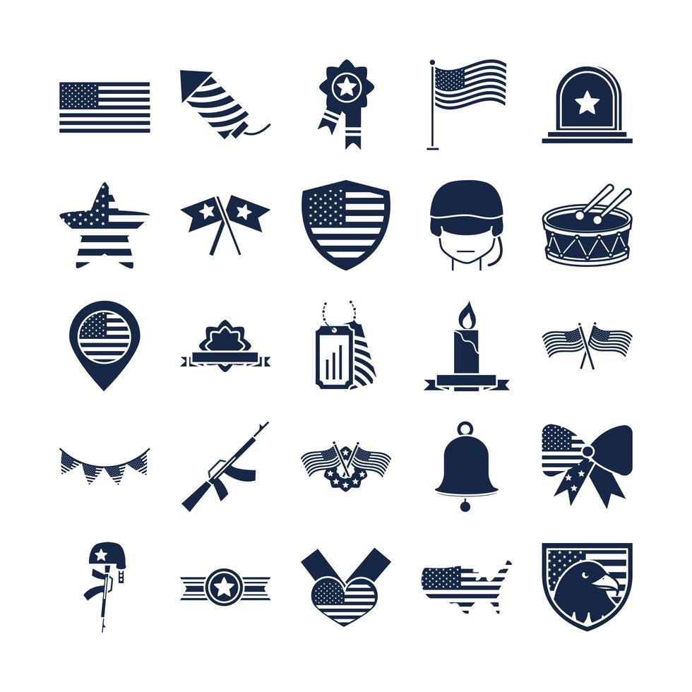 jour commémoratif américain célébration nationale icônes définies icône de style silhouette vecteur