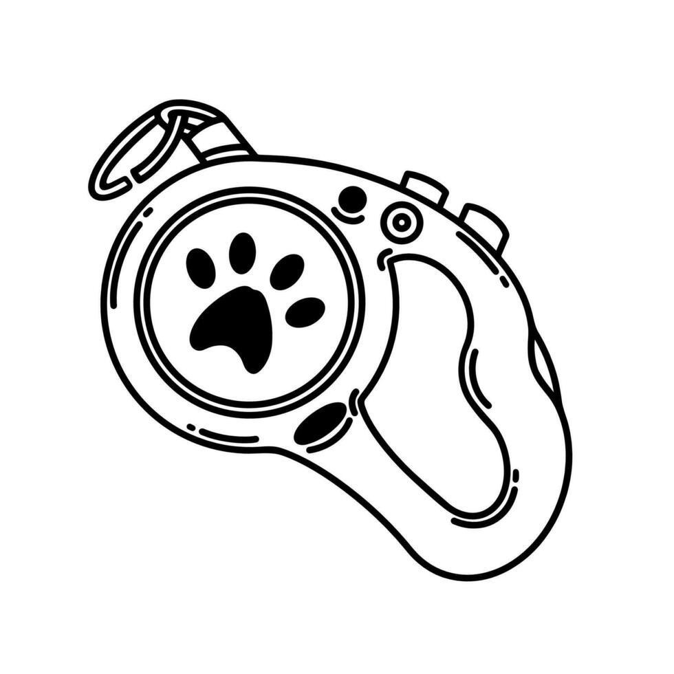 rétractable animal de compagnie laisse vecteur icône. accessoire pour chien ou chat avec patte. une moderne dispositif pour en marchant avec animaux, entraînement, protection. Facile esquisser. noir et blanc clipart pour logo, imprimer, la toile