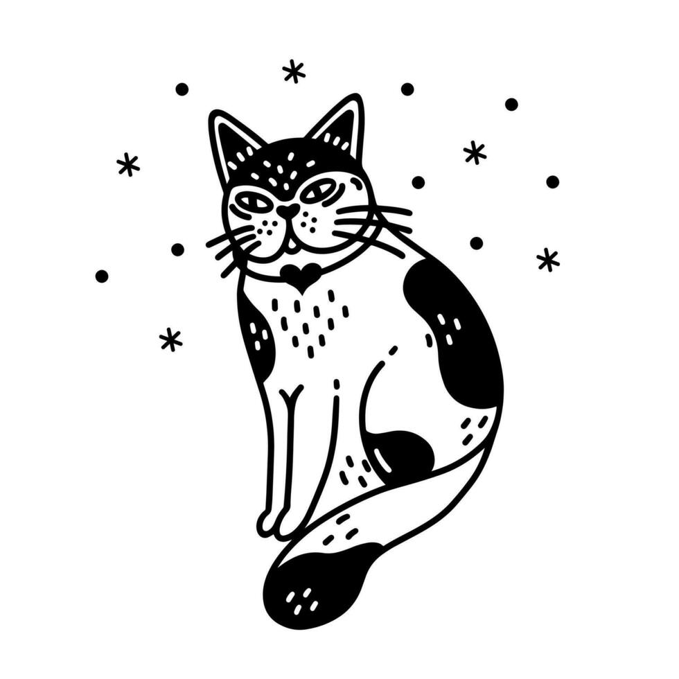 mignonne duveteux chat vecteur icône. agréable Pointé chaton est assis et sourit. animal dans une collier avec une cœur. Facile griffonnage, esquisser. isolé clipart. noir et blanc illustration pour affiches, imprimer, autocollants