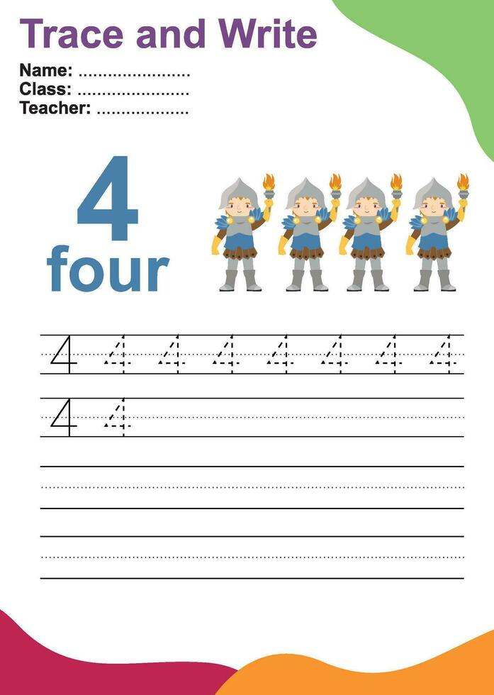 tracer et écrire le numéro pour les enfants. exercice pour que les enfants reconnaissent le nombre. feuille de travail pédagogique pour le préscolaire. fichier vectoriel. vecteur