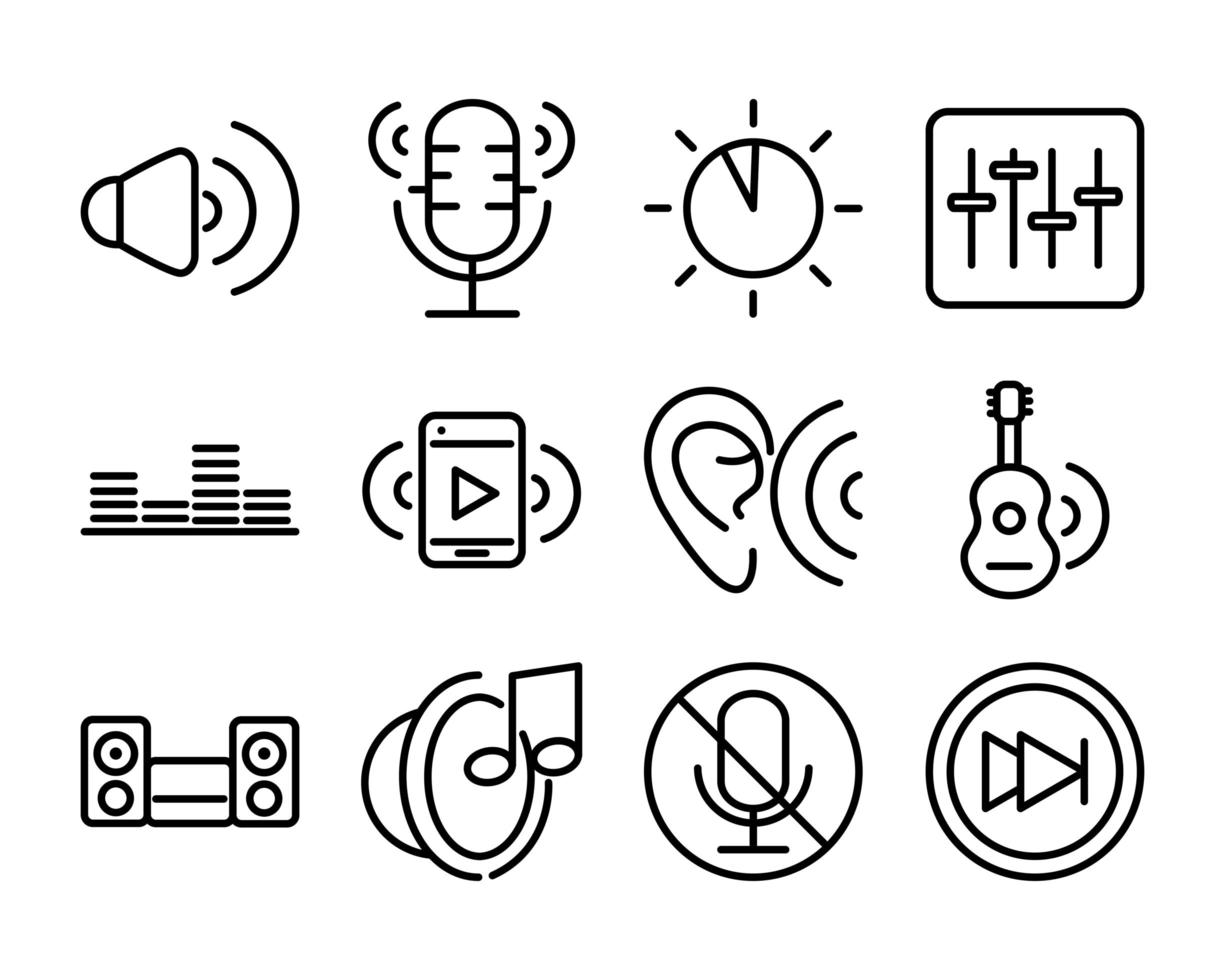 ensemble d'icônes de style de ligne de musique de volume audio sonore vecteur