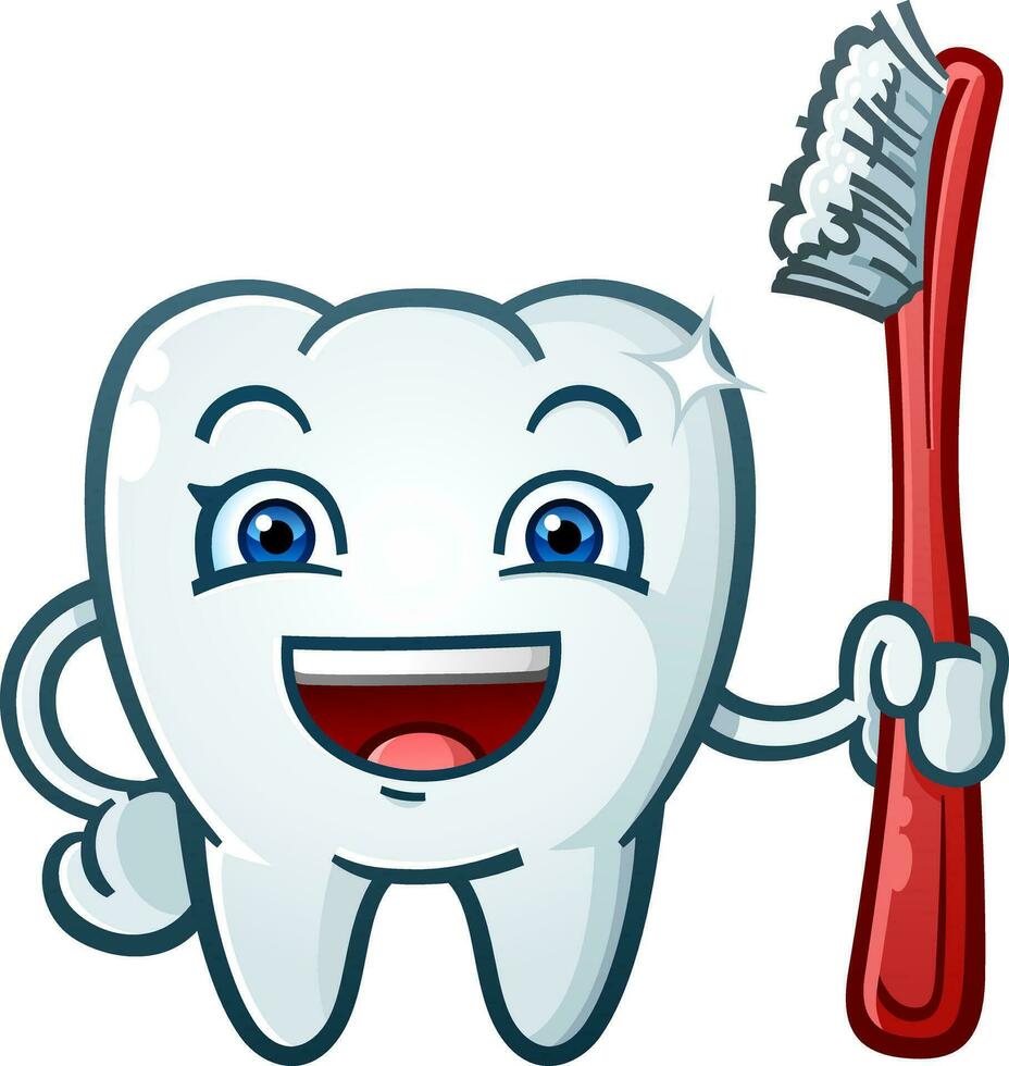 content pétillant souriant dent dessin animé personnage en portant une géant rouge Plastique brosse à dents vecteur