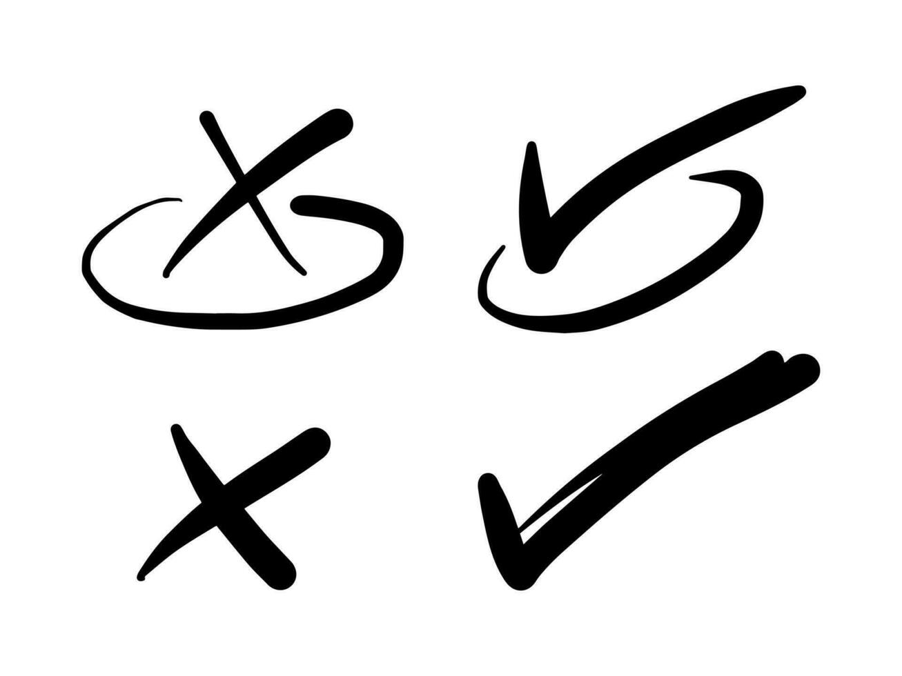jeu d'icônes de coche et de croix de doodle. symbole de coche. signes de la liste de contrôle. illustration vectorielle vecteur