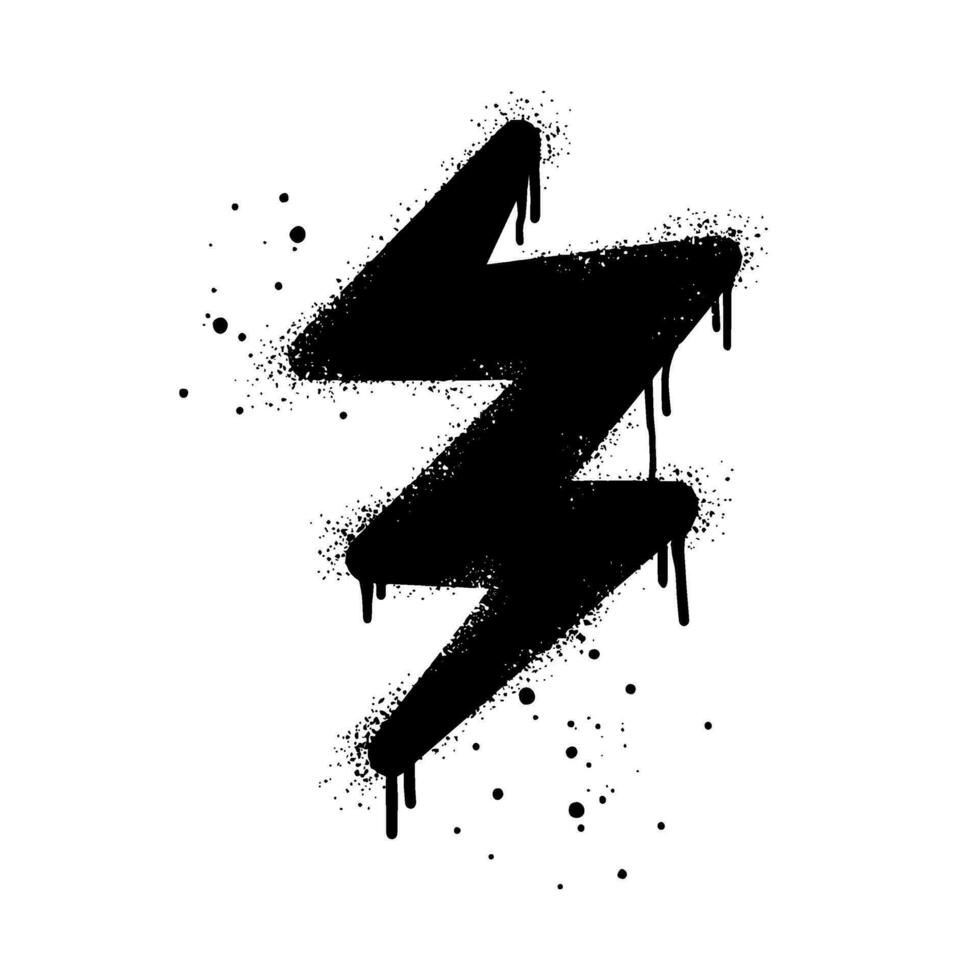 graffiti peint à la bombe éclair électrique, éclair en noir sur blanc. gouttes de symbole de boulon de tonnerre pulvérisé. isolé sur fond blanc. illustration vectorielle vecteur