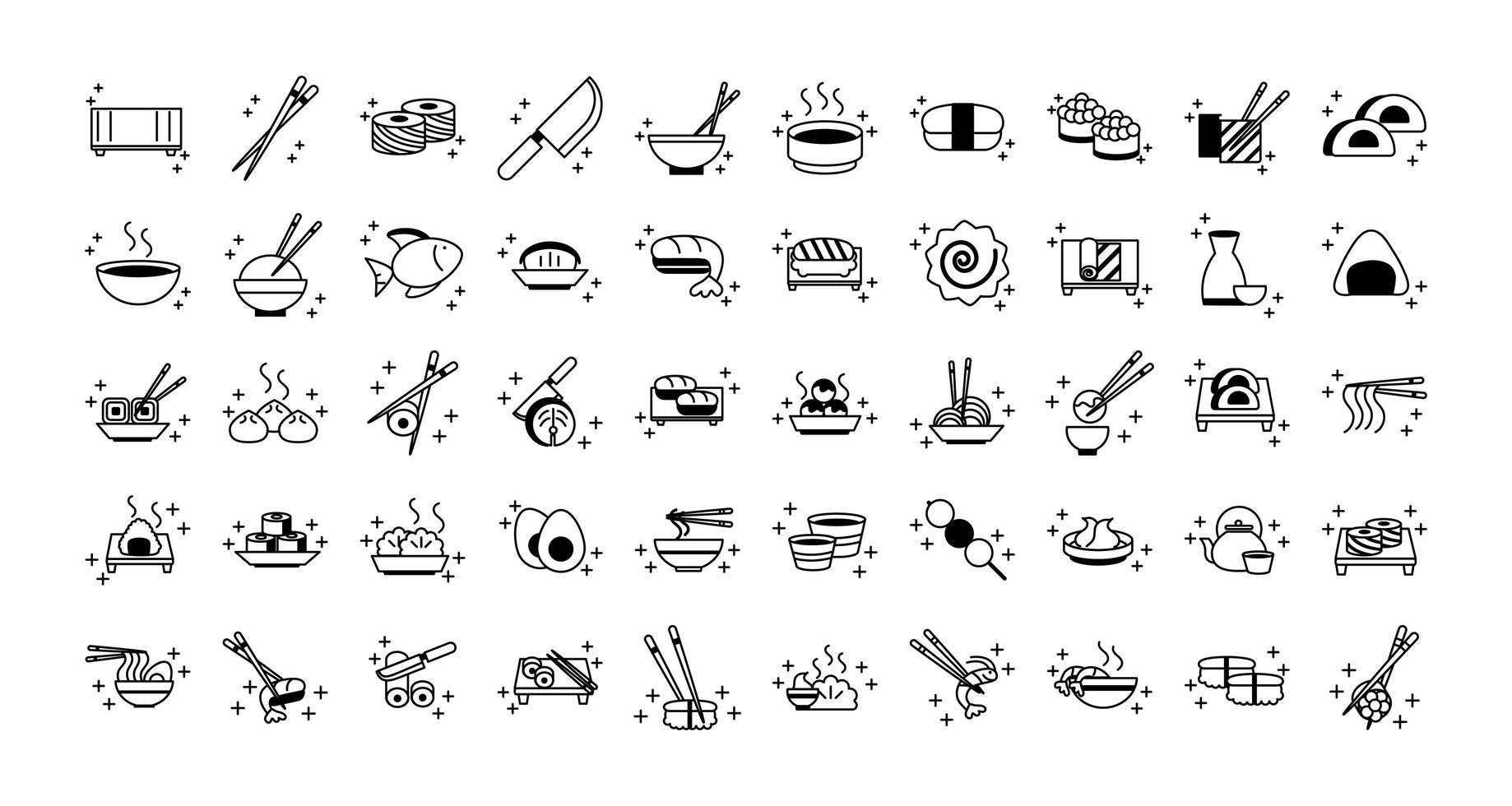sushi oriental menu icons set icône de style de ligne vecteur