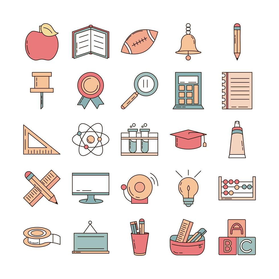 l'éducation scolaire apprendre les icônes de papeterie d'approvisionnement définir l'icône de style de ligne et de remplissage vecteur
