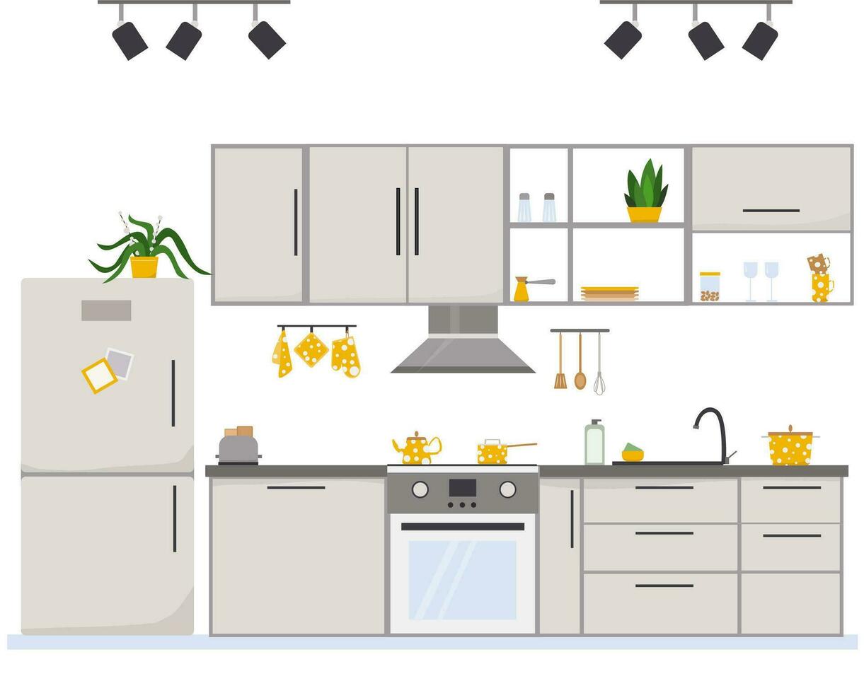 cuisine intérieur avec meubles, plat style vecteur illustration