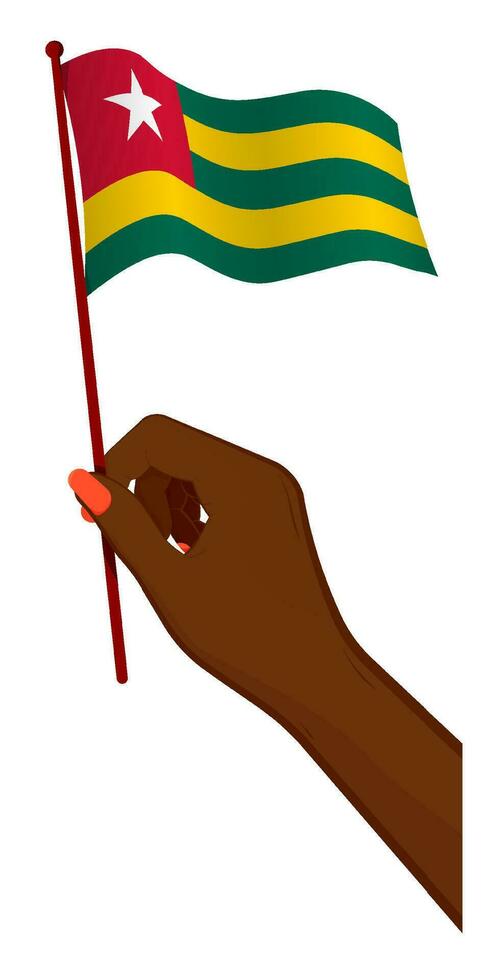 femelle main doucement détient petit drapeau de togolais république. vacances conception élément. dessin animé vecteur sur blanc Contexte