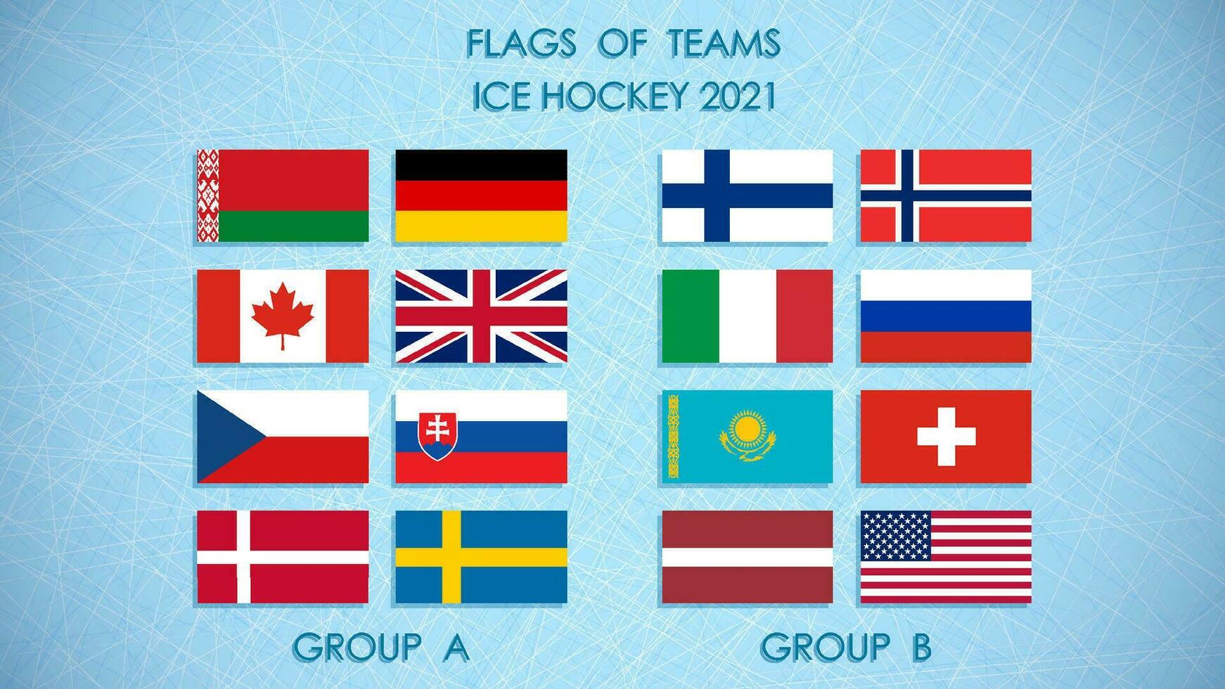 le hockey compétition équipes drapeaux 2021. le hockey classement sur la glace Contexte. annonce de les participants de concours. vecteur