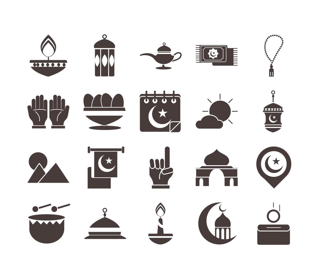 ensemble d'icônes de célébration islamique arabe ramadan icône de style silhouette vecteur