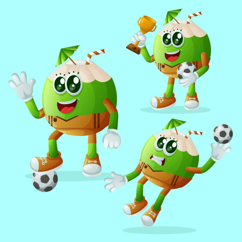 mignonne noix de coco personnages en jouant football vecteur