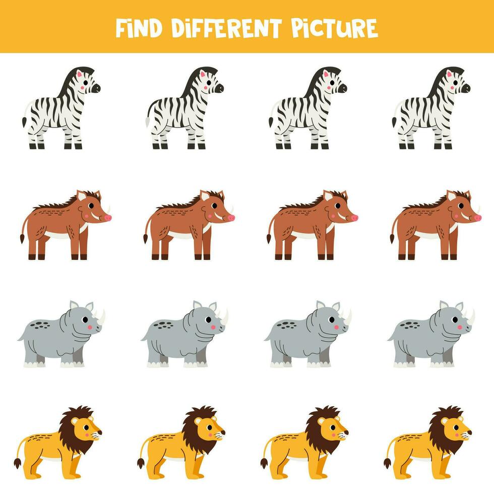 trouver différent africain animal dans chaque ligne. logique Jeu pour préscolaire enfants. vecteur