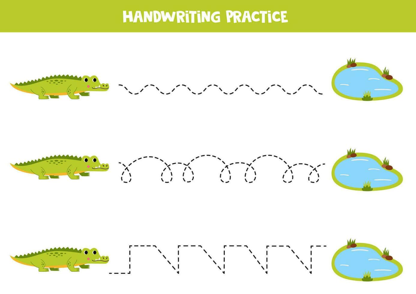 écriture entraine toi avec mignonne crocodile. tracé lignes pour enfants d'âge préscolaire. vecteur illustration.