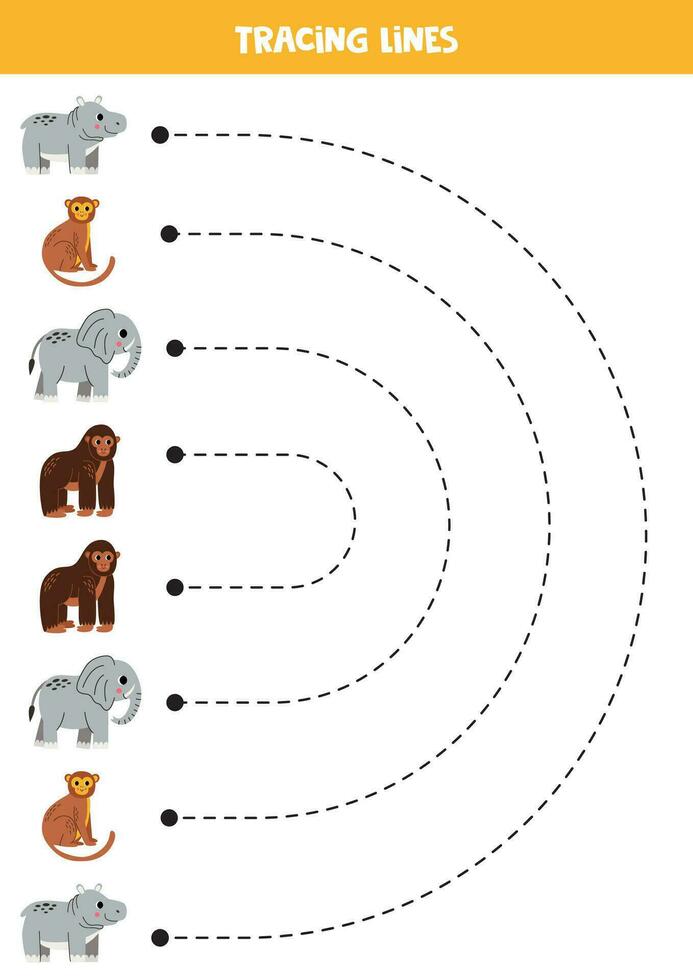 écriture entraine toi avec mignonne africain animaux. tracé lignes pour enfants d'âge préscolaire. vecteur illustration.