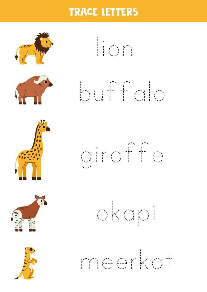 tracé des lettres avec mignonne africain animaux. l'écriture entraine toi. vecteur