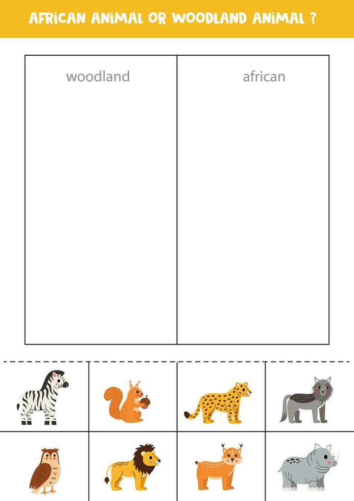 Trier cartes dans africain ou des bois animaux. logique Jeu pour les enfants. vecteur