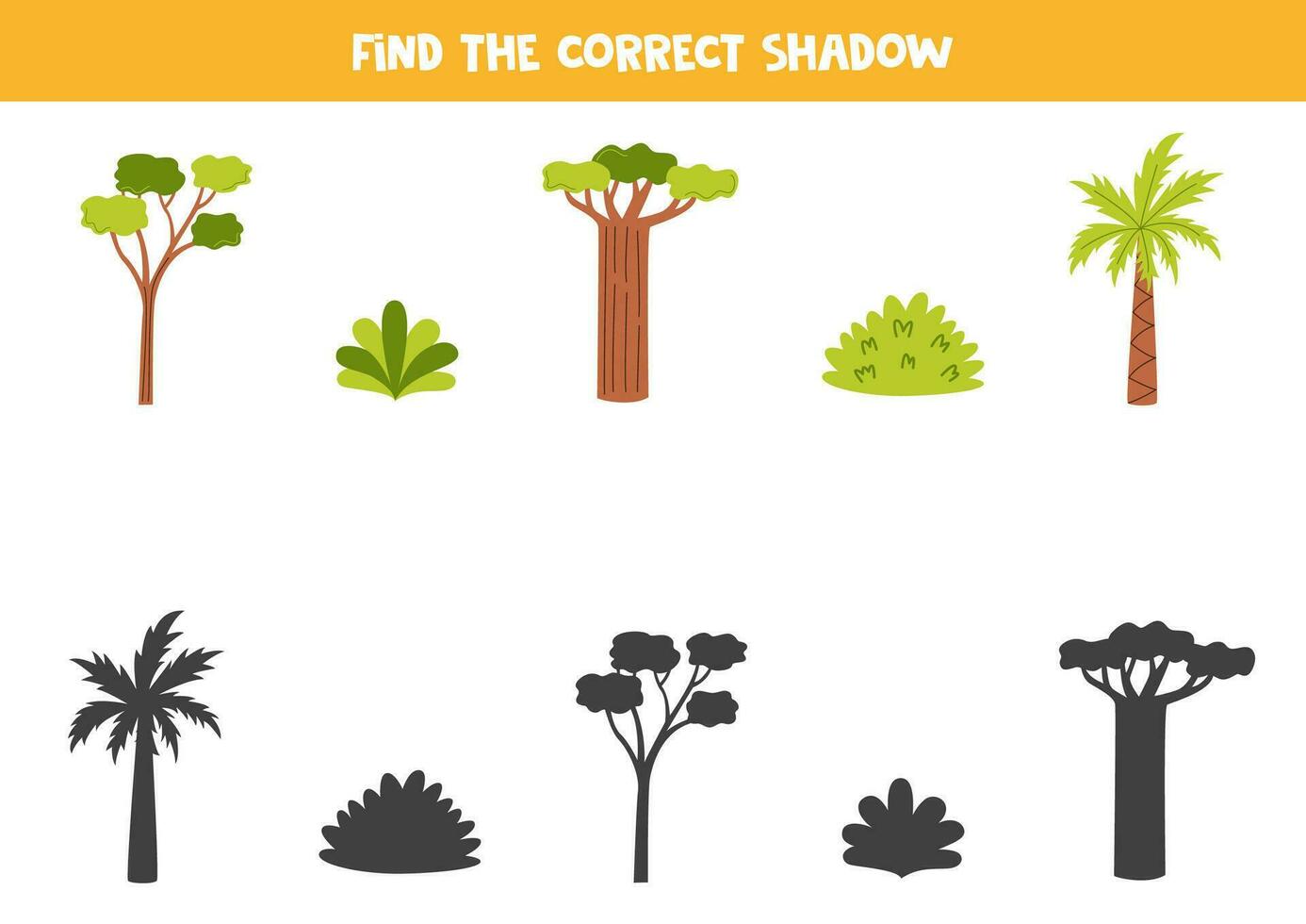 trouver ombres de mignonne africain des arbres et des buissons. éducatif logique Jeu pour enfants. vecteur