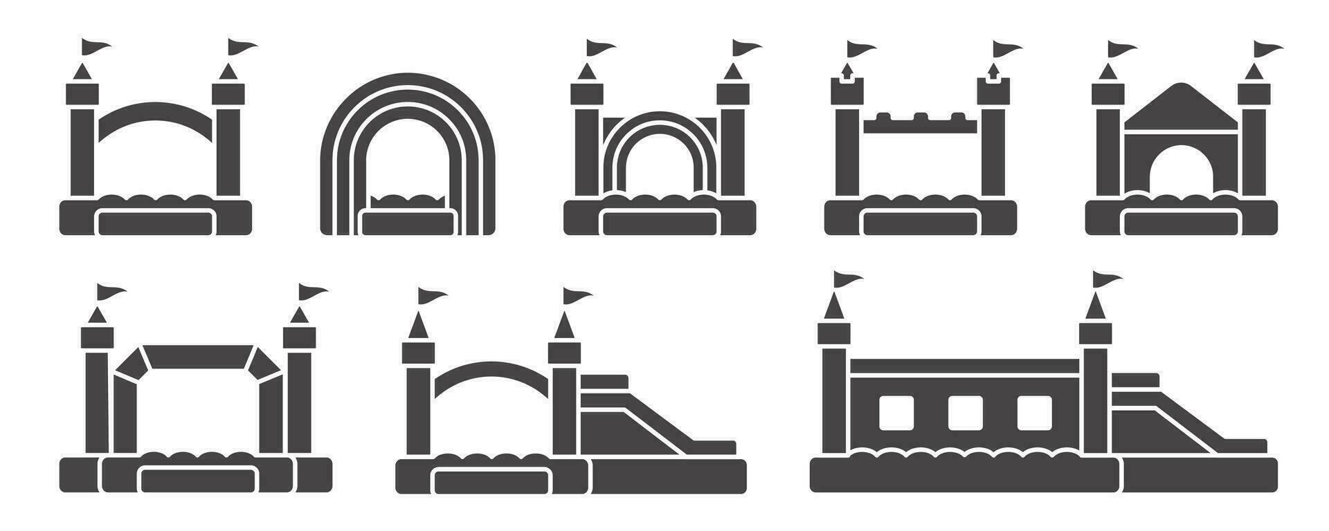 plein d'entrain gonflable Château Icônes ensemble. vecteur trampoline pictogrammes pour sauter Jeu isolé sur blanc Contexte. noir glyphe illustration