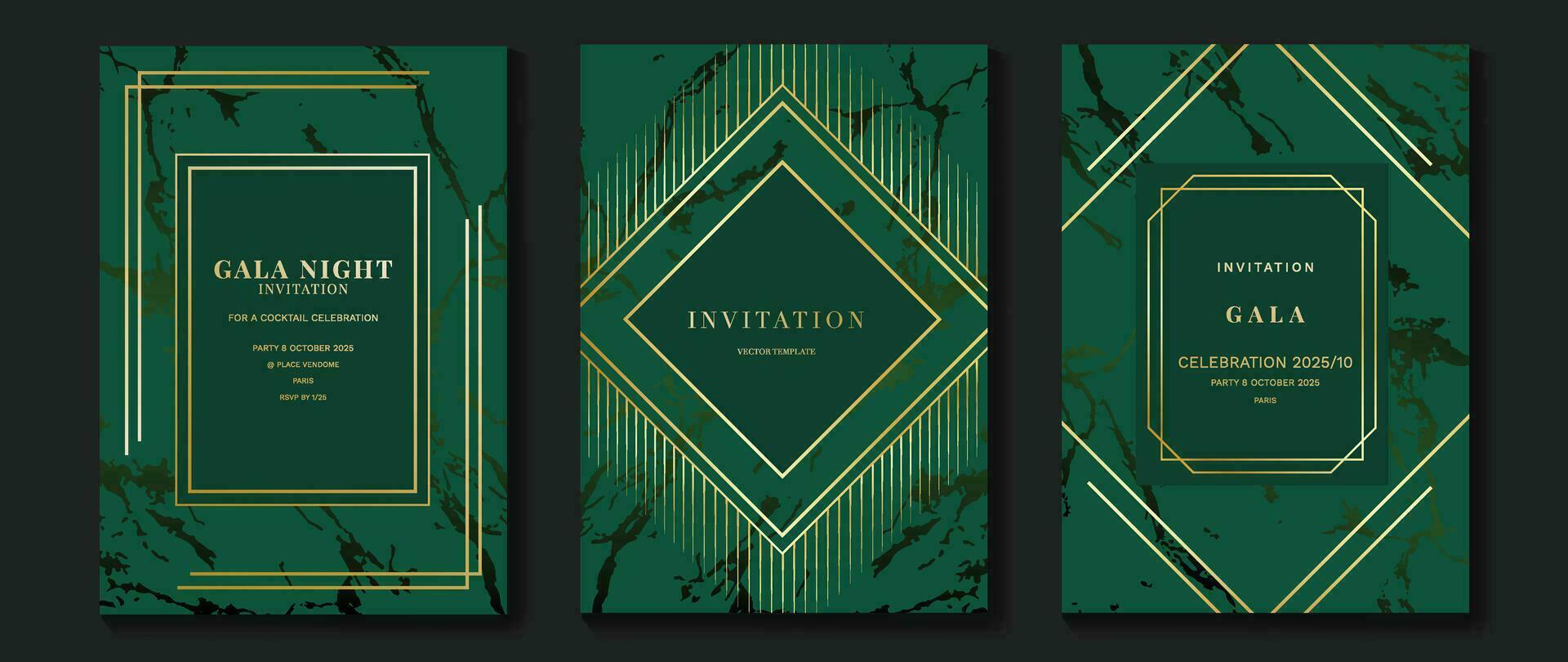 luxe gala invitation carte Contexte vecteur. d'or élégant géométrique forme, marbre modèle sur vert Contexte. prime conception illustration pour mariage et VIP couverture modèle, grandiose ouverture. vecteur