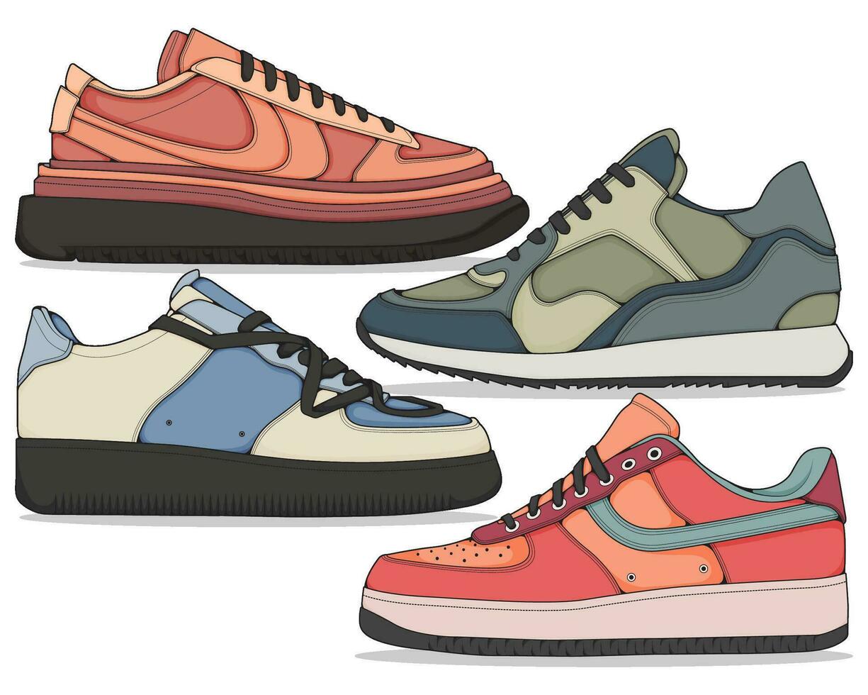 ensemble de baskets illustration dans coloré dessins, baskets vecteur ligne art isolé, groupage chaussure illustration modèle.