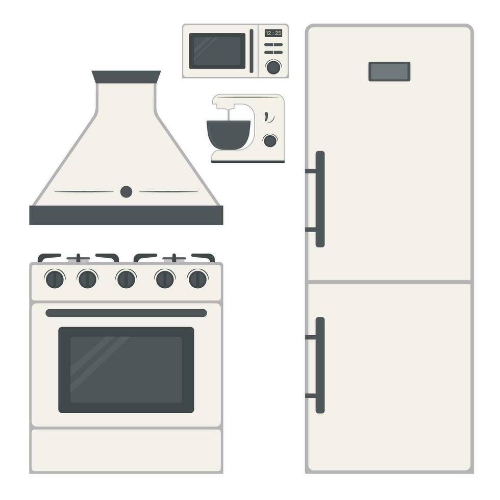 une ensemble de éléments pour décorer le cuisine intérieur avec meubles réfrigérateur, gaz poêle, extracteur capot, four micro onde four, mixer. vecteur