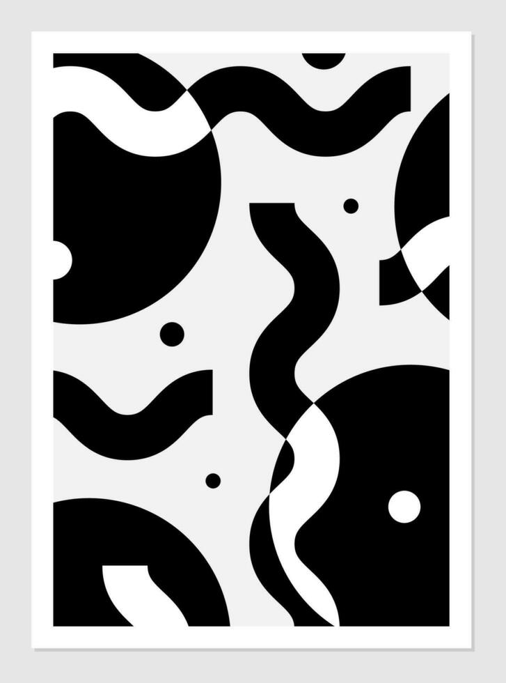 monochrome abstrait affiche avec cercles de différent tailles et ondulé lignes. vecteur illustration de Facile rond et allongé formes au hasard situé. intérieur conception.