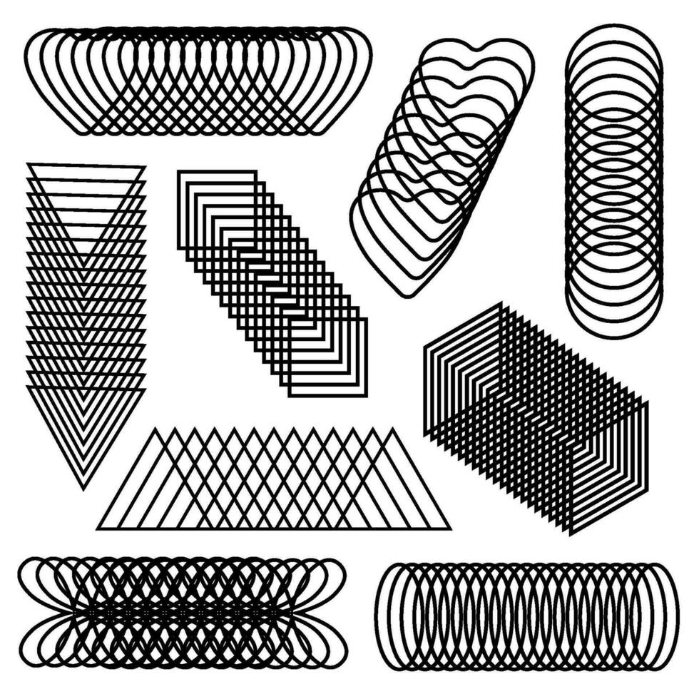 mélangé et multiplié sécante objets. vecteur illustration de abstrait contour éléments. lisse transition de linéaire géométrique formes. dessin de contour optique effets.