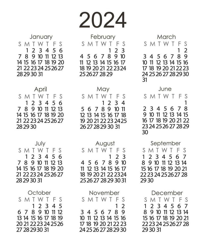 calendrier modèle pour le année 2024 dans Facile minimaliste style, la semaine départs sur dimanche, vecteur imprimable page
