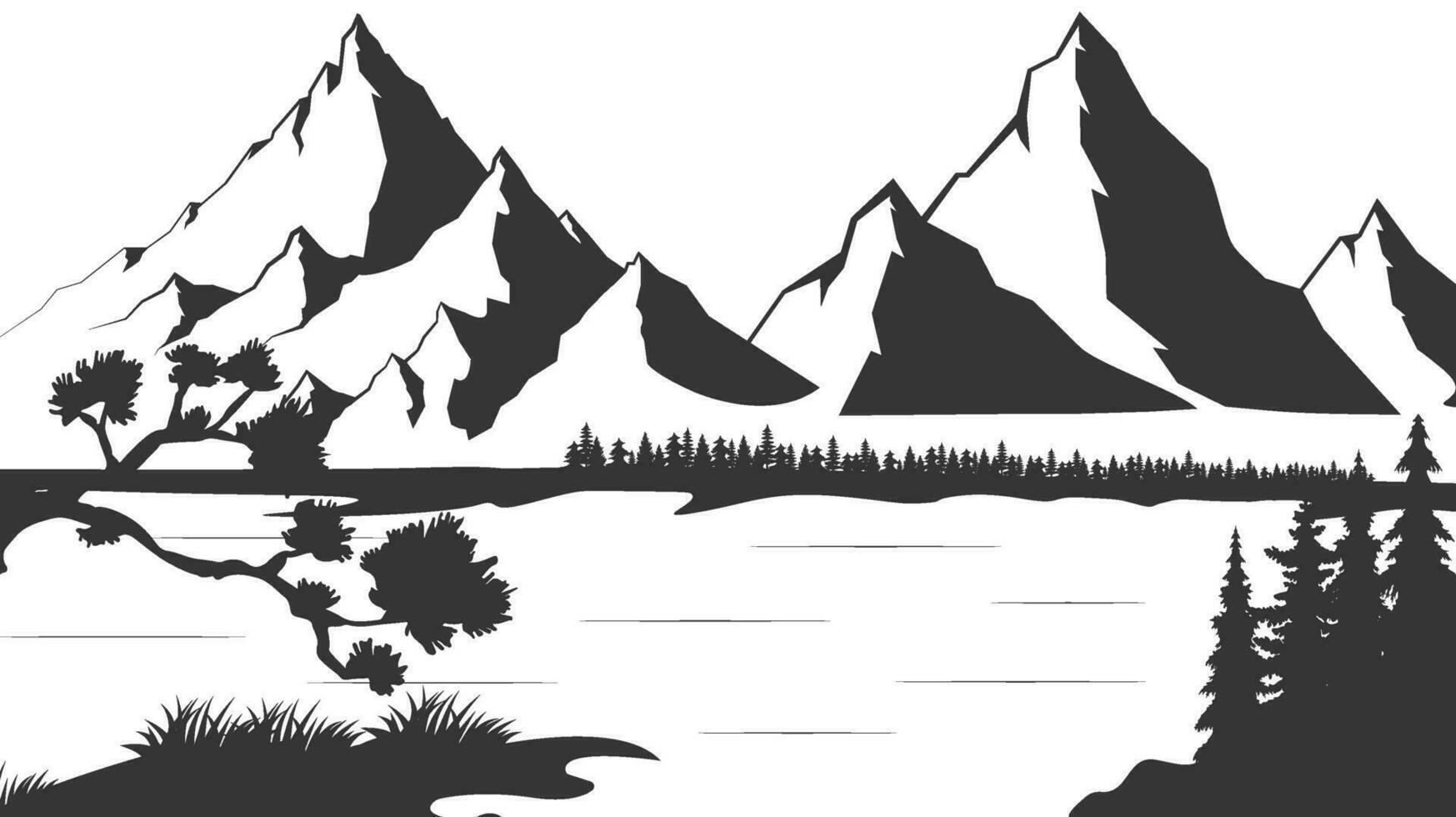 Montagne avec pin des arbres et Lac paysage noir sur blanc Contexte. silhouette rocheux pics dans esquisser style. vecteur illustration