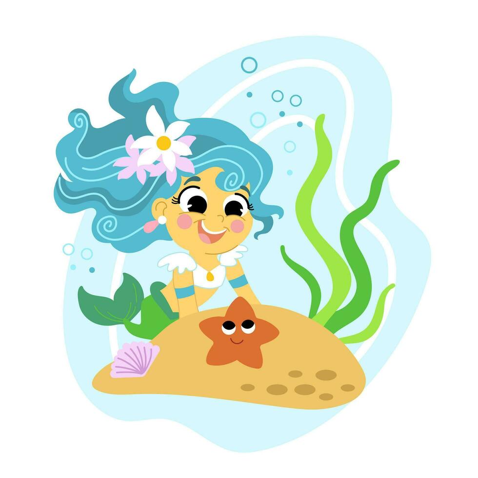 mignonne dessin animé bleu aux cheveux Sirène avec une étoile de mer vecteur illustration